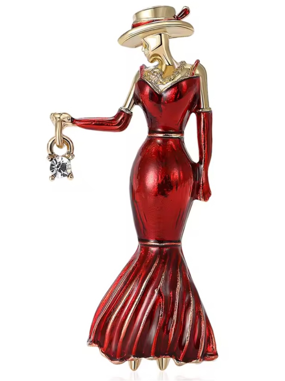 Anthropologie Red and Gold Tone Lady Silhouette Brooch